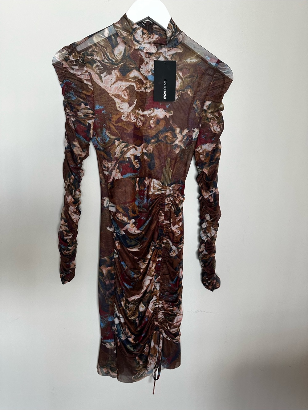 Fashion Nova Brown Printed Ruched Long-Sleeve Bodycon Dress